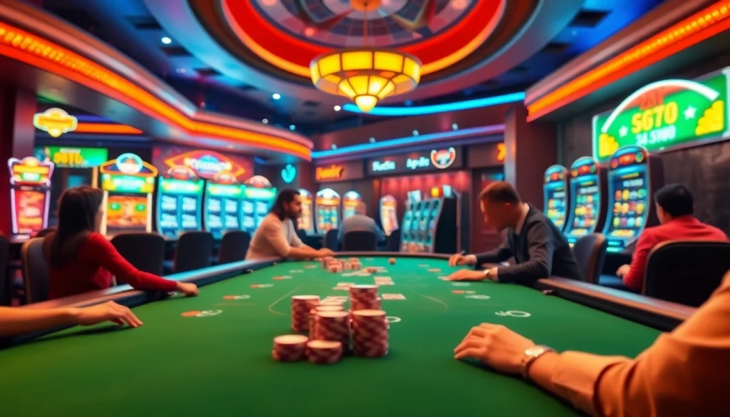 Experience the excitement of "trang nhà cái uy tín" with an immersive online casino scene showcasing virtual poker and slot games.