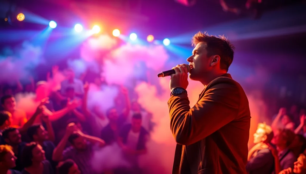Experience Ok88 performing energetically on stage with a vibrant crowd and dramatic lighting.