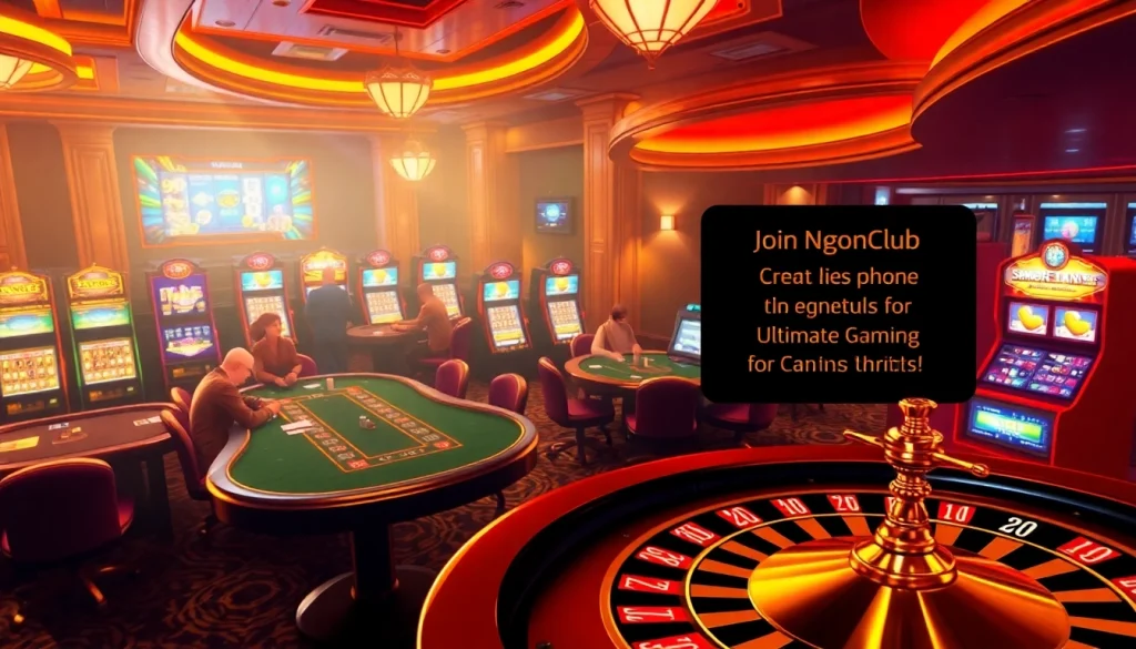 Experience NgonClub at a bustling casino showcasing poker tables and lively slot machines.