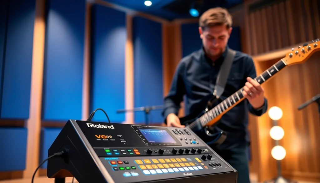 Guitarist showcasing the VG99 in a studio, emphasizing its advanced guitar modeling features.