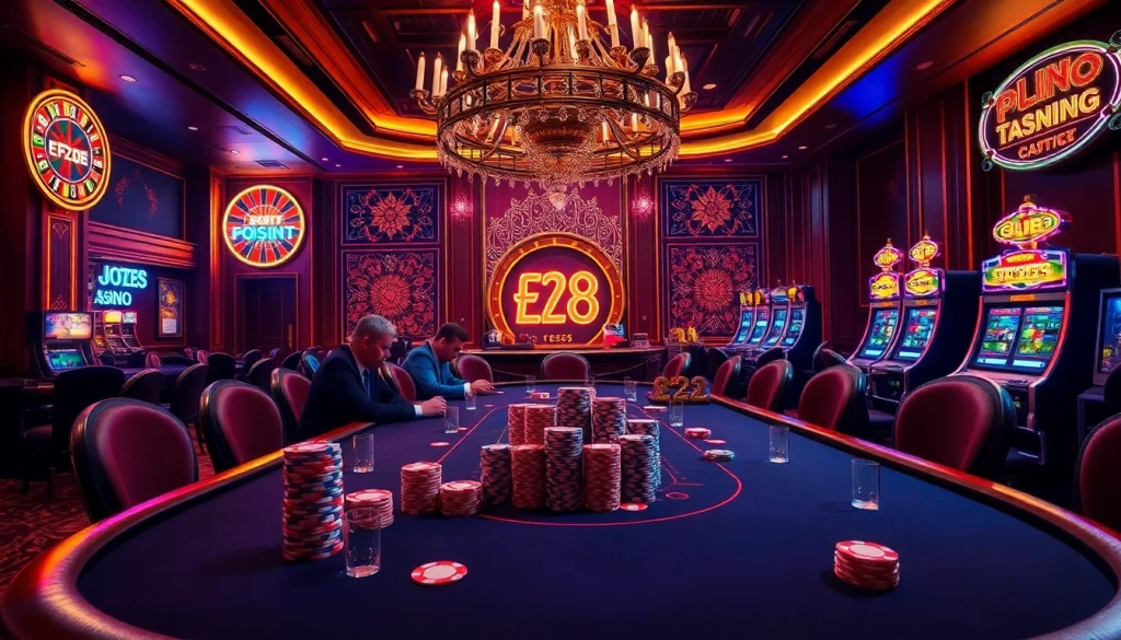 Engage in thrilling poker gameplay at an elegant casino featuring e28 designed tables and dazzling atmosphere.