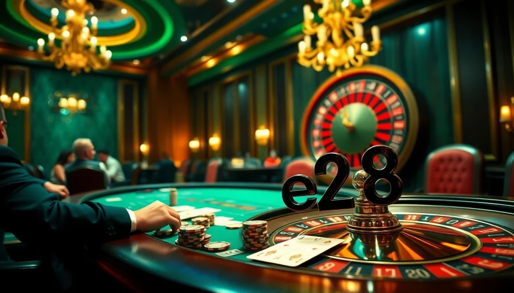 Experience the thrill of gambling at a luxurious casino with e28 poker chips and an exciting roulette wheel.