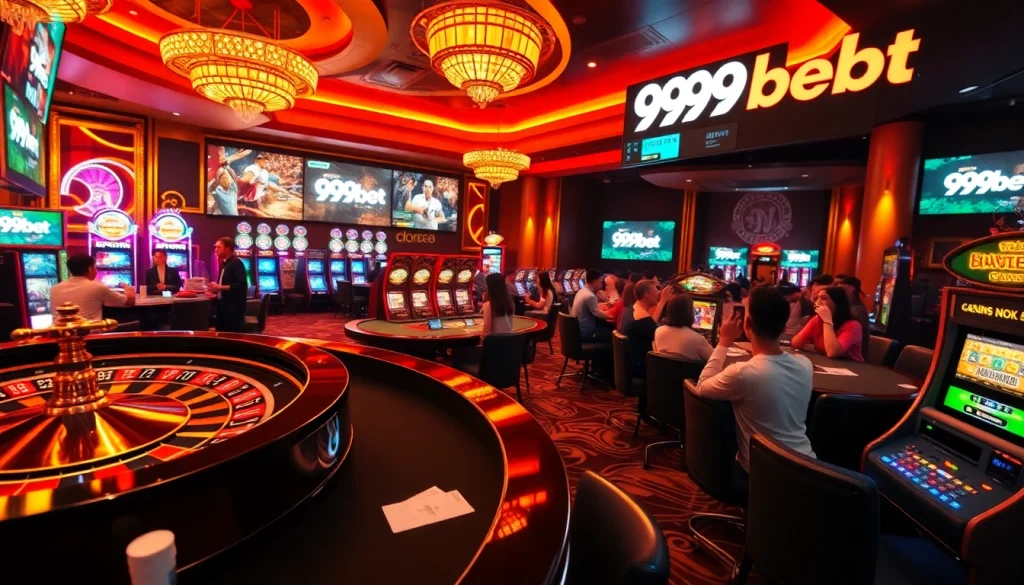 Experience 999bet’s thrilling casino atmosphere with vibrant tables, slots, and players enjoying their bets.