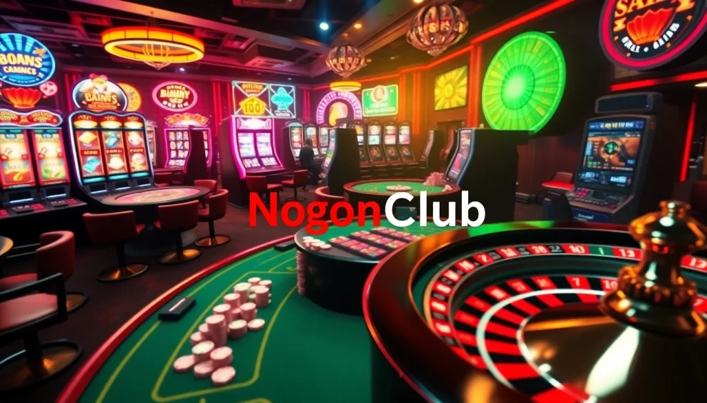 Experience excitement at NgonClub with vibrant casino games featuring poker tables, slot machines, and roulette wheels.