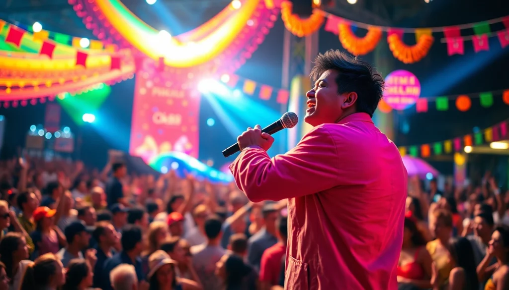 Ok88 performs energetically on stage at a vibrant music festival, engaging a lively crowd.