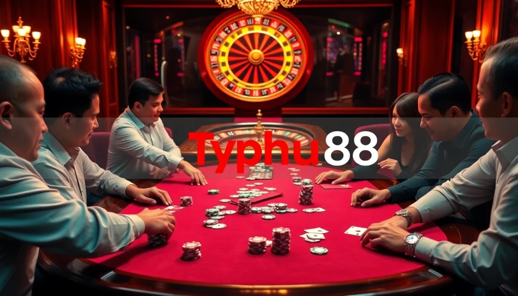 Experience the thrills at nhà cái Typhu88 with players immersed in a poker game surrounded by colorful chips and roulette excitement.
