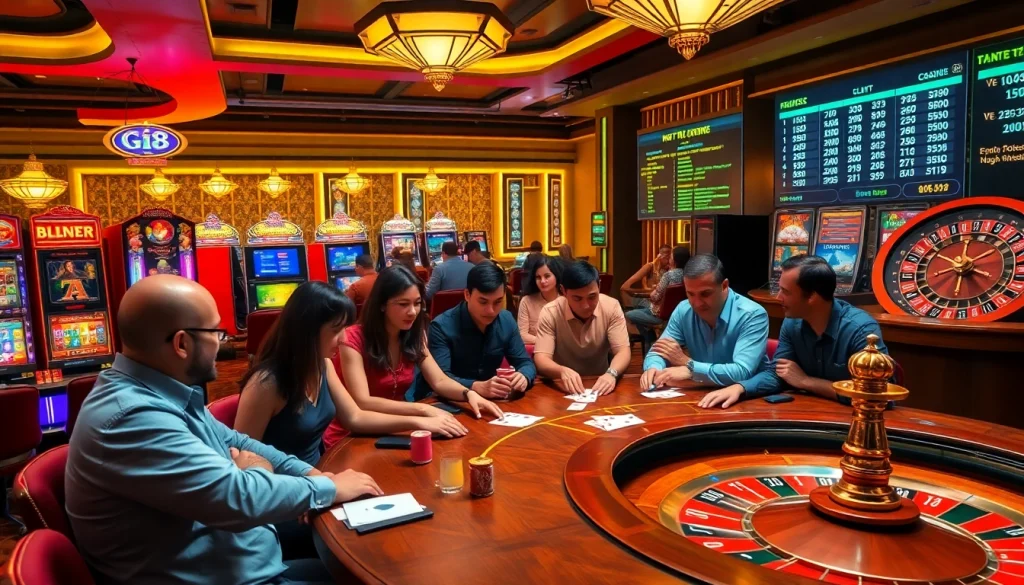 Players enjoying an exhilarating game experience at nhà cái Gi8 with poker, roulette, and slot machines.