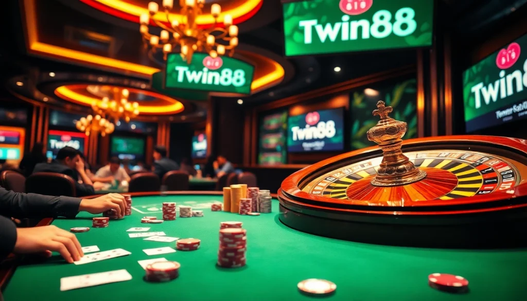 Twin68 players reveling in the thrill of a high-stakes poker game, with cards and chips reflecting the excitement.