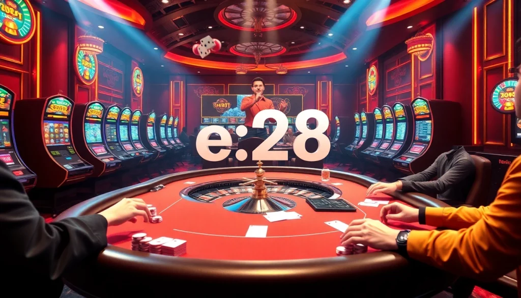 Engage in thrilling gambling action at a casino featuring vibrant tables and the keyword e28 among colorful slot machines.
